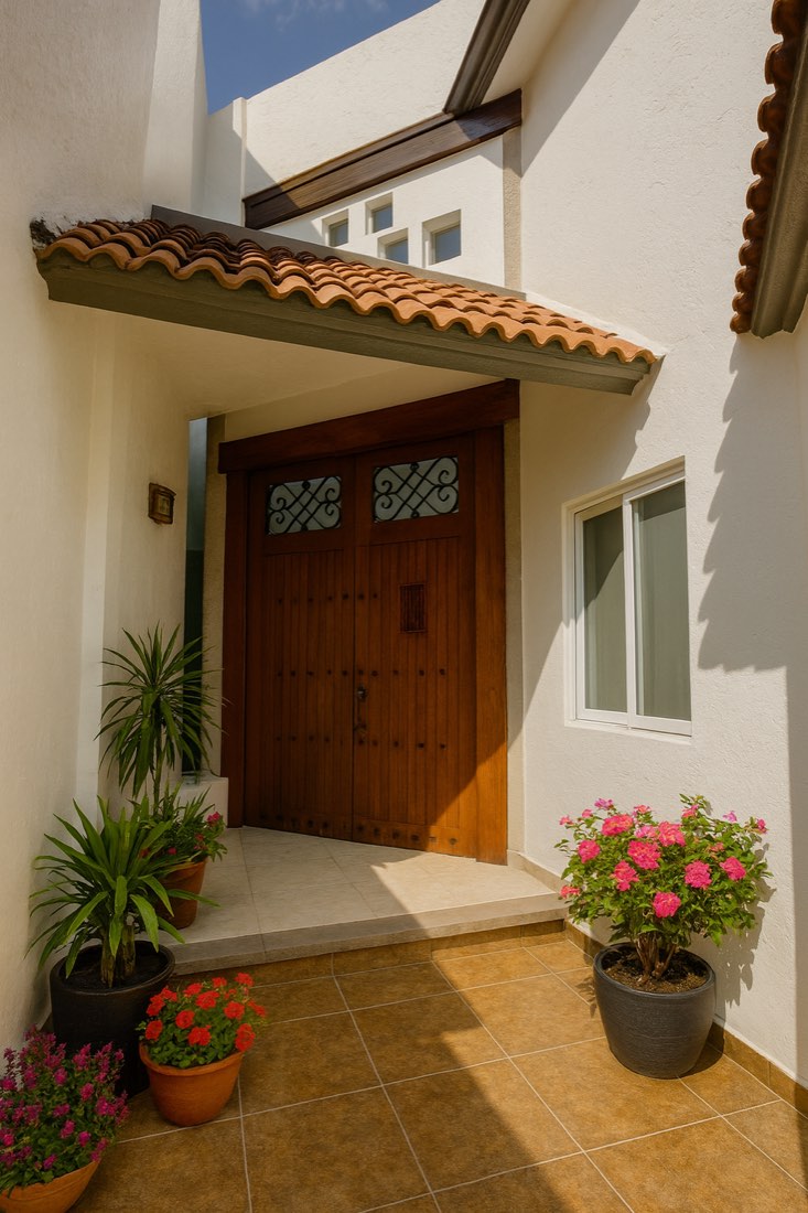 Acceso principal con puerta de madera de la casa en Lomas de la Herradura