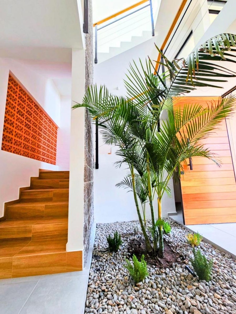 Interior con luz natural y jardín interior de una propiedad Raízes