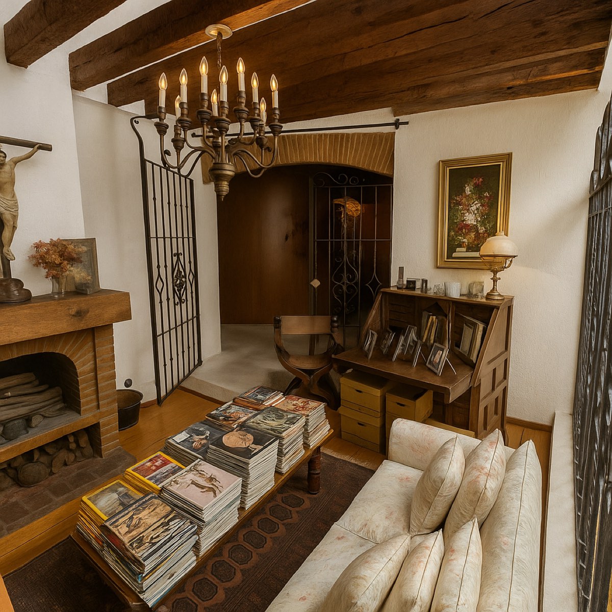 Interior colonial con vigas de madera y chimenea de la casa en Tlacopac